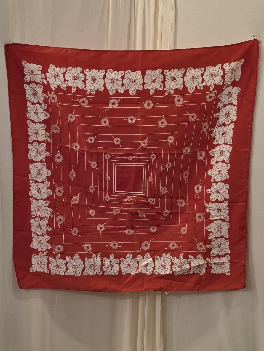 Vintage Sears Red White Geometric Floral Square Scarf 28x28 Water Repellent